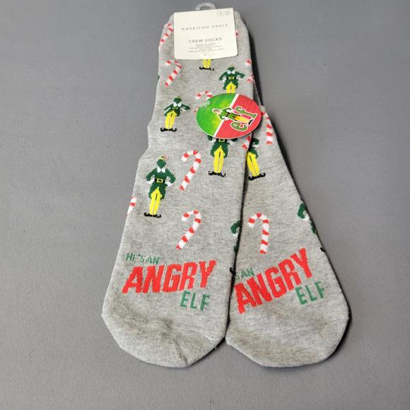 American Eagle Socks Mens One Size Gray Crew Elf Movie Angry Buddy Christmas New - Picture 1 of 8